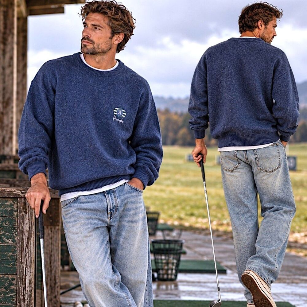 Vtg Lambswool Faldo by Pringle Sz XL Academia Sweater Blue Scotland Golf Preppy